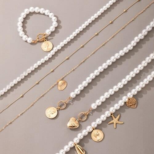 DIEZI Korean Imitation Pearl Statement Necklace For Women Shell Carved Coin Heart Starfish Human Head Pendant Necklaces Jewelry