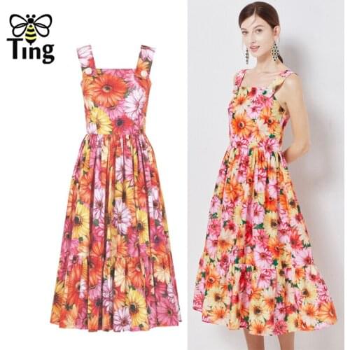 Tingfly Runway Designer Sunflower Aesthetic Floral Summer Strap Party Night Dresses Button Decor A Line Midi Dress Cottagecore