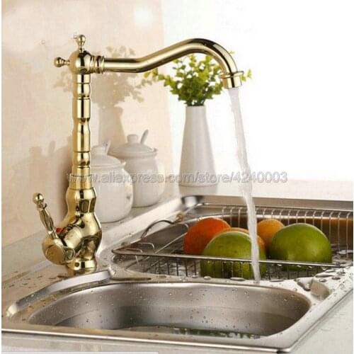 Golden Finish Swivel Kitchen Faucet Single Handle Kitchen Sink Faucet Deck Mounted Single Hole Faucets Mixer Tap Kgf014