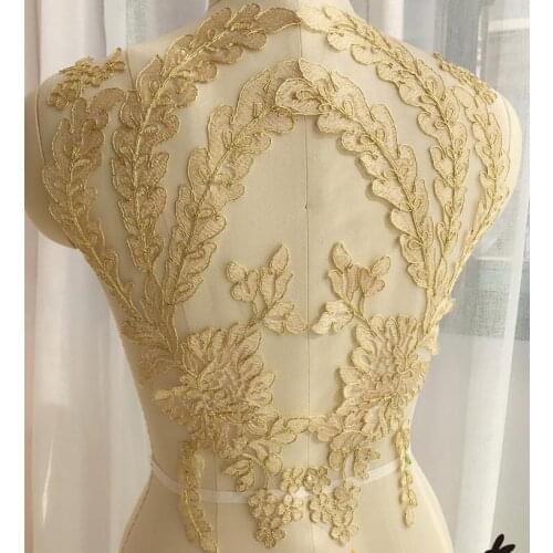 1 Pair 20*42cm Gold Ivory Lace Applique Neckline Collar Appliques Embroidery Lace Trim Fabric Cloth Sewing Patchwork DIY Craft