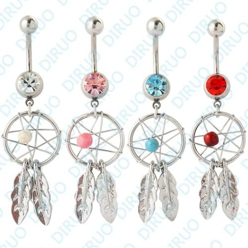 4 Colors Crystal Gem Dream Catcher Dangle Belly Navel Barbell Button Bar Ring Bory Art Body Jewelry5pcs/lot