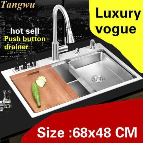 Free shipping Household luxury kitchen manual sink single trough 304 stainless steel push-button drainer hot sell 680x480 MM
