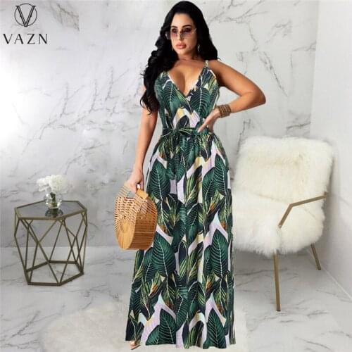 VAZN 2021 Autumn Print High-end Chiffon A-Line Long Dress Spaghetti Strap Sleeveless High Waist Women For Evening Robe