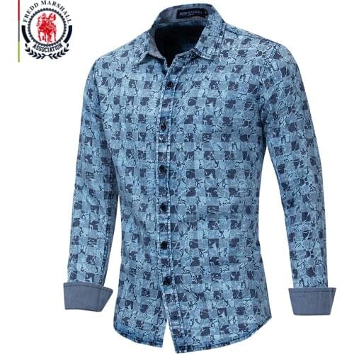 Fredd Marshall 2019 Men Printed Denim Shirt 100% Cotton Long Sleeve Plaid Shirt Casual Camisa Masculina Fashion Streetwear 181