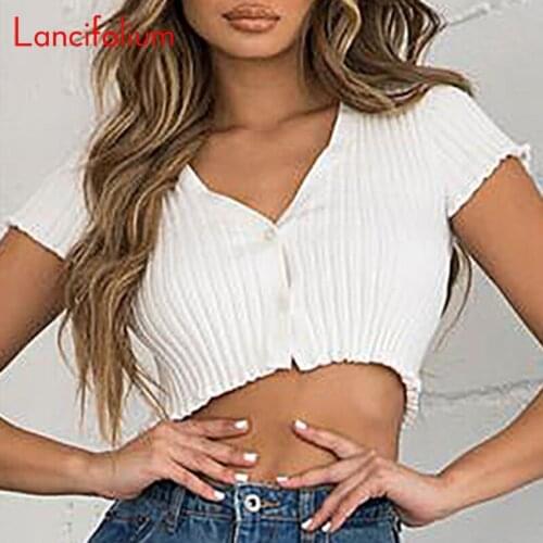 Sexy Ribbed Crop Top Women Summer Fall Knit Button Up Cardigan Cropped Tee Shirt 2020 Egirl Autumn Cute V Neck White Crop Top