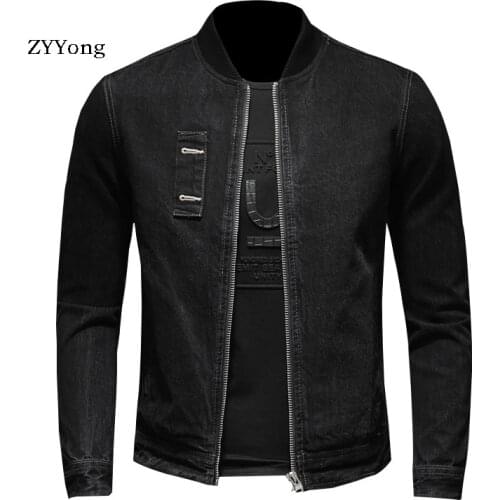 Retro European Style Stand Collar Bomber Pilot Black Denim Jacket Men Jeans Coats Motorcycle Casual Outwear Clothing Overcoat