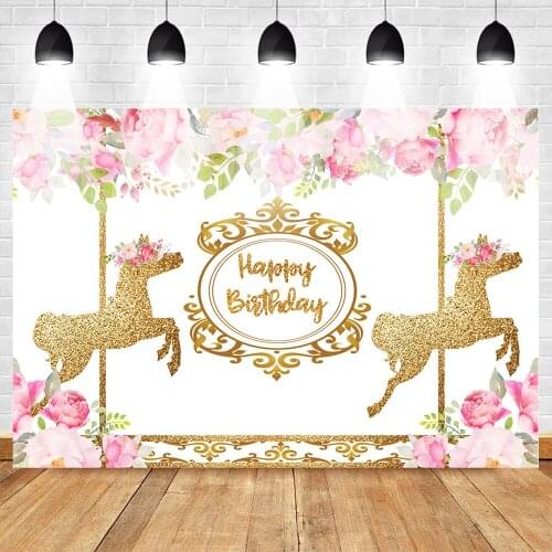Mehofoto Sweet Carousel Birthday Backdrop Pink Floral Gold Photography Background Gold Carousel Party Backdrops for Children Kid
