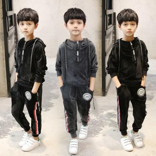 Newest Spring Autumn Boys Sport Sets Pullover Hooded Hoodie+long Pants 2PCS Velvet Children Outwear Coat Clothes Kids Sport Suit