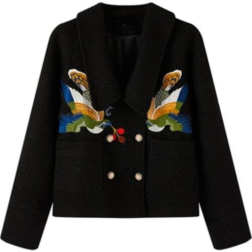 2021 Autumn Yellow Bandage Long-sleeved Bird Embroidery Single-breaste Short Black Woolen Blazer Outerwear Womens Blouson Femme