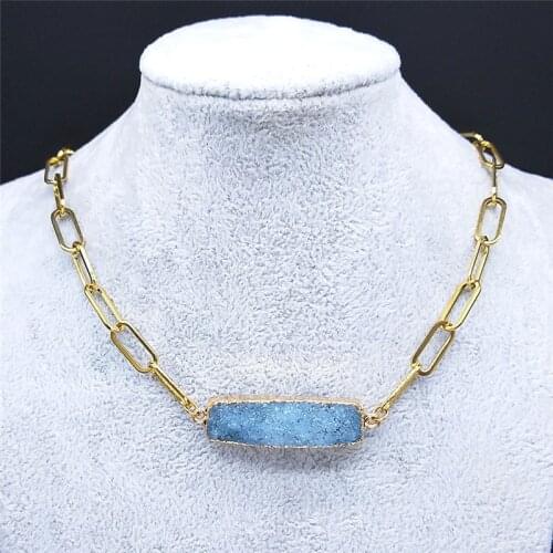 2021 Stainless Steel Blue Natural Stone Chokers Necklace Women Gold Color Pendant Necklace Jewelry pierre naturelle ND51S04