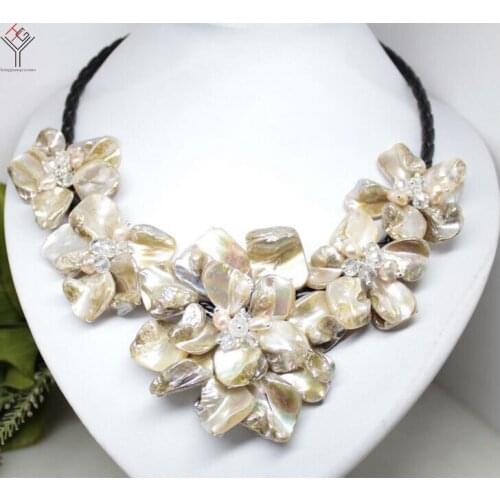 Women Jewelry natural pearl crystal Champagne 5 flowers pendant shell mother of pearl necklace black leather 18"