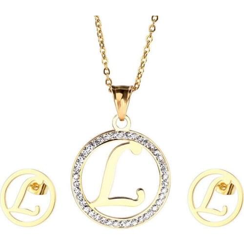 Capital Letter A-E-J-M Pendant Necklace&Earrings Sets Stainless Steel Gold Zircon Crystal Jewelry Sets For Women Girls Gifts