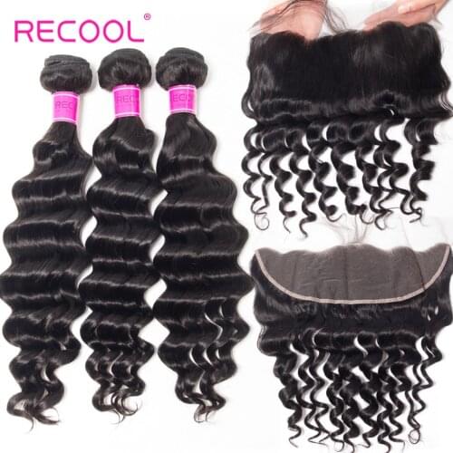 Recool Hair Loose Deep Lace Frontal Closure With Bundles Brazilian Hair Weave Bundles More Wave Human Hair Bundles With Frontal