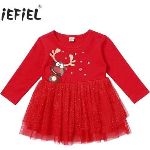 Xmas Kids Baby Girl Christmas Deer Pageant Autumn Long Sleeve Lovely Fashion Reindeer Tutu Lace Dress Princess Clothes Santa set
