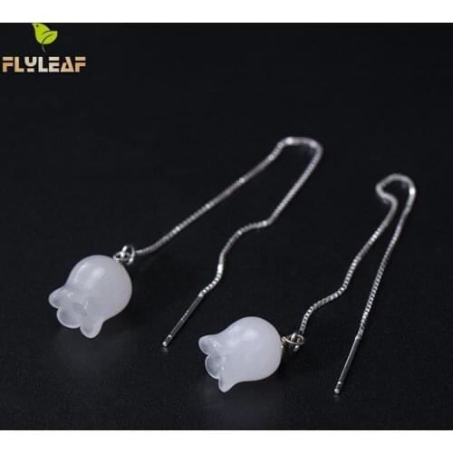 Flyleaf Gold Long Drop Earrings For Women Real 925 Sterling Silver Fine White Jade Wind Chimes Ear Line Earings Fashion Jewelry