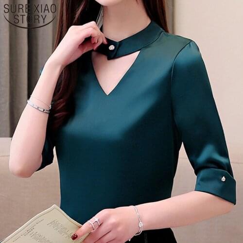 2021 Button Three Quarter Office Lady Harajuku Shirts Fashion Women Blouse and Tops Summer Top V-Neck Solid 3749 50