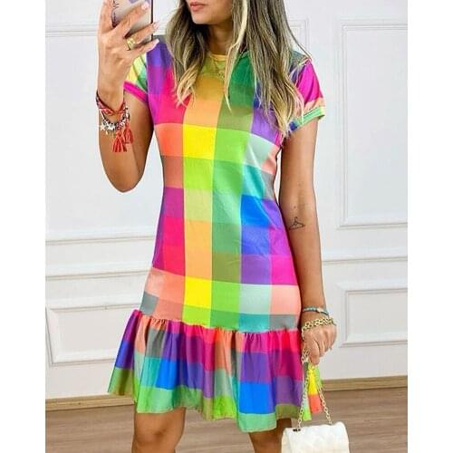 STYLISH LADY Contrast Color Plaid Printed Ruffle Dress 2021 Summer Women Short Sleeve O Neck Casual Club Party T Shirt Dress