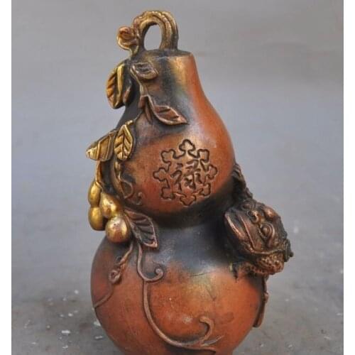 6"china fengshui bronze gilt wealth Golden Toad Bufo statue Gourd Calabash Hoist