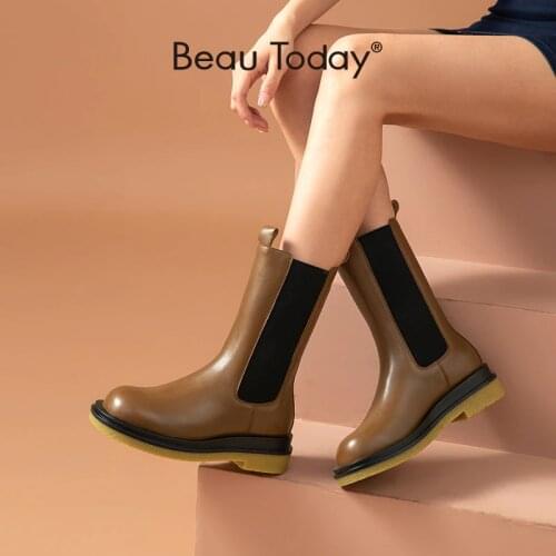 BeauToday Chelsea Boots Women Cow Leather Mid-Calf Length Mixed Colors Round Toe Elastic Fashion Ladies Shoes Handmade 02374
