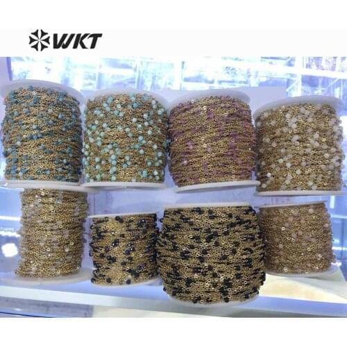 WT-RBC0100 Rosary Beads Chain In Wholesale Price Gem-stone Beads Chain Faceted Crystal Beads 3MM Gold Electroplated Chain