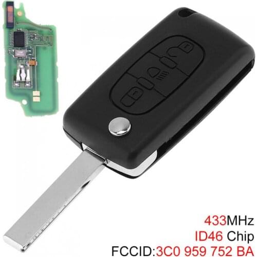 433MHz 3 Buttons Durable Uncut Flip Remote Car Key Fob with Light Button ID46 Chip for Citroen C3 C4 C5 Models 2005 - 2011