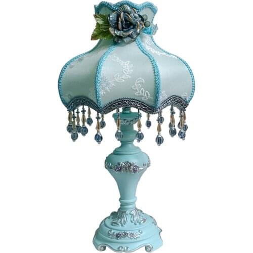 European blue fabric lace table lamps princess room court lamp bedroom bedside lamp French study luxury desk lights lighting