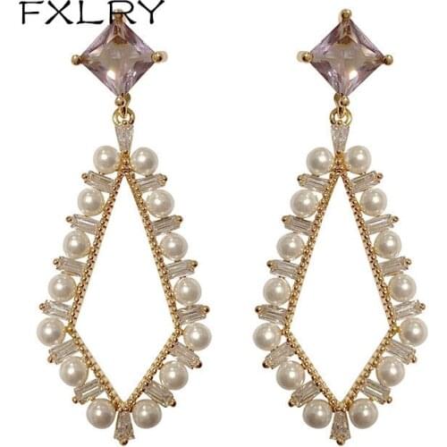 FXLRY French Pearl rhombus Earrings Purple Zircon Pearl Long Earrings for women wedding
