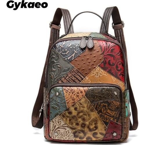 Gykaeo Cowhide Embossed Womens Shoulder Bag Women Genuine Leather Backpacks High Quality School Bags for Teenage Girls Bookbags