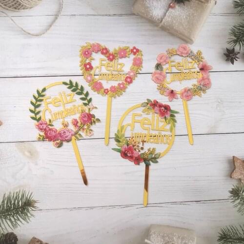 Ins Cake Topper Spanish Feliz Cumple Flower Color Printing Gold Cake Topper Acrylic For Birthday Party Wedding Cake Decorations