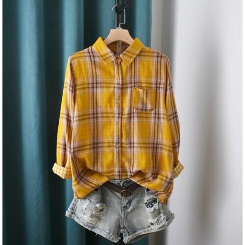 Lamtrip Plaid Long Sleeve Cotton Yarn Stand Collar Shirt Blouse Top Mori Girl 2021 Autumn