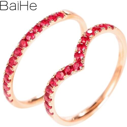 BAIHE Solid 14K Yellow Gold 0.45CT Round natural Ruby Wedding Women Trendy Fine Jewelry unique Simple refined Ruby Gift Ring
