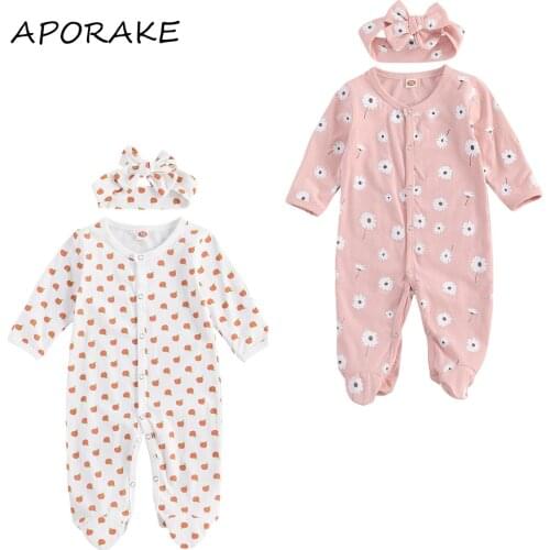 2020 0-12M Newborn Baby Girl Sweet Romper Cartoon Apple/Floral Print Long Sleeve Wrap foot Jumpsuit+Headband 2pcs Fall Outfits