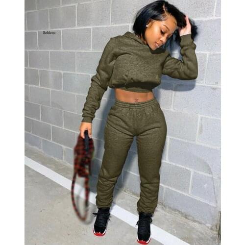 Autumn Spring Solid Color Two Pieces Running Sets Womens Tracksuit Long Sleeve Hoodies Crop Top+Sweatpants Workout Fitness Sets