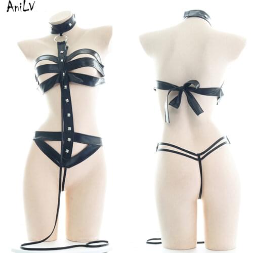 AniLV Wild Girl Leather Rivet Straps Bundle Clasped Uniform Temptation Lingerie Costume Hollow Sexy Underwear Pajamas Clothes