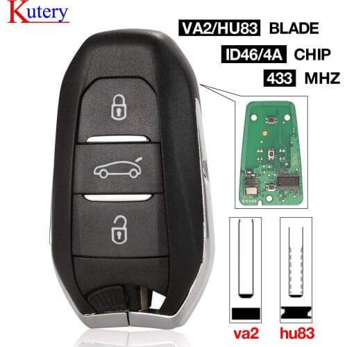 Kutery Smart Keyless Go Remote Key 3 Buttons 433MHz 4A PCF7945 ID46 chip for Peugeot 308 408 508 5008 Emergency key HU83/VA2