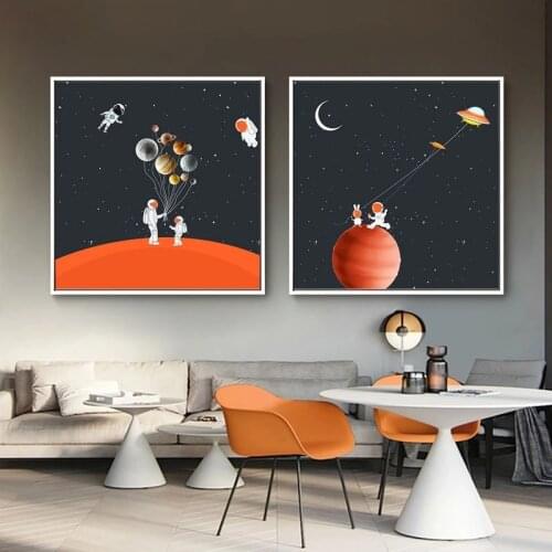 Cartoon Astronaut Space Balloon Starry Canvas Painting Wall Art Nordic Posters and Prints Wall Pictures for Living Room Decor
