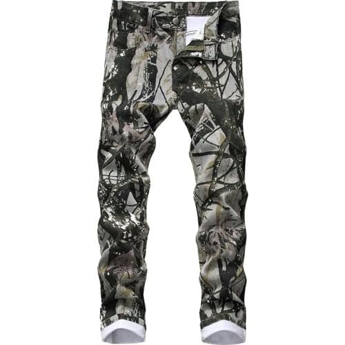 2021 New Mens camouflage printed jeans Fashion slim fit leaf pattern painted stretch denim pants Leisure simplicity