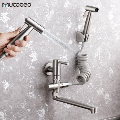 Wall Mounted Long Neck Design Faucet Stainless Steel Swivel Sink Tap For Kitchen