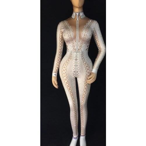 New 3 Colors Rhinestones Printed Sexy Bodysuit Womens Stretch One-piece Jumpsuit Nightclub Party Singer Dance Show Stage Wear