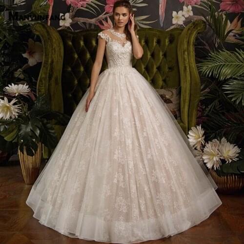 Custom Made Cap Sleeve Sweep Train Lace Up Back Bridal Ball Gown Luxury Embroidery Appliques Tulle O-Neck Wedding Dress 2021