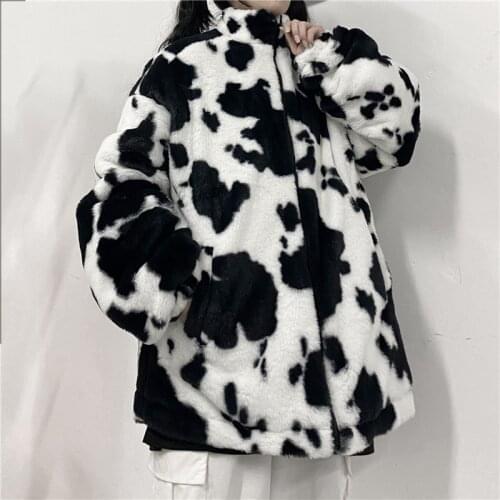 Plus Size Cow Print Lamb Wool Coats Women Winter Zipper Hooded Cute Kawaii Lolita Woolen Coats Harajuku Streetwear Warm Jackets
