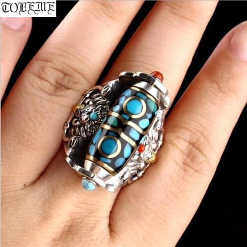Handmade 925 Silver Tibetan Three Eyes DZI Ring Tibetan Garuda DZI Good Luck Ring Turquoise Agate 3 eyes DZI Turning Ring
