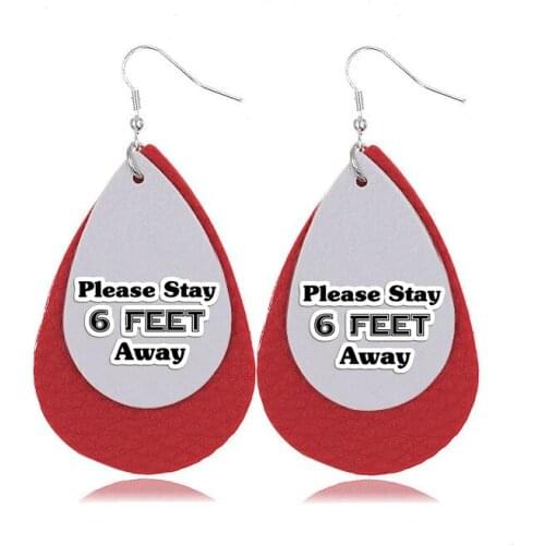 Nickel-Free Earrings - Please Stay 6 Feet Away Earrings Layers Glitter Faux Leather Teardrop Earrings Bulk Order Wholesale