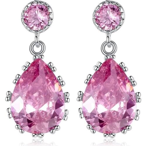 Blue Sapphire Gemstones &pink Crystal Dangle Drop Earrings For Women White Gold Color Diamonds Pendientes Party Jewelry Fashion