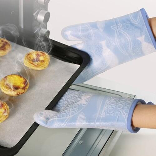 1 PC Kitchen Thickened Gloves Blue Lovely Pattern Silica Gel To Make High Temperature Gloves Microwave Oven Skid Anti Hot Tools
