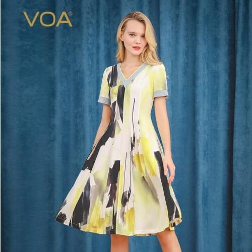 VOA Black and Yellow Ink Printing 30m Heavy Silk Blue and Grey Collage V Collage Short Sleeve Side Zip Dress A10630