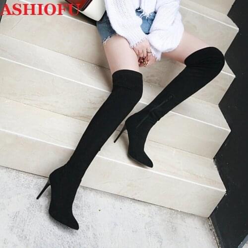 ASHIOFU Wholesale Real Photos Handmade Womens High Heels Boots Pointed-toe Party Prom Stiletto Over Knee Boots Winter Boots