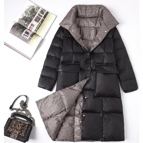 SEDUTMO Winter Plaid Double Sided Duck Down Jacket Women Long Ultra Light Coat Autumn Thin Pocket Puffer Jacket ED1411
