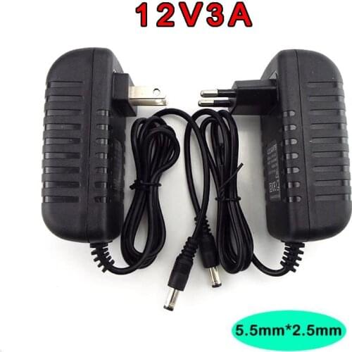 5.5mm*2.5mm 12V 3A AC 100V-240V DC Charger Adapter Camera Power Supply Converter Transformer for CCTV LED Strip Lamp US EU Plug