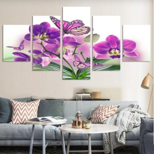5 Piece Free Shipping Cheap abstract Modern Wall Painting purple pink flower Home Decorative Art Picture Paint on Canvas Prints